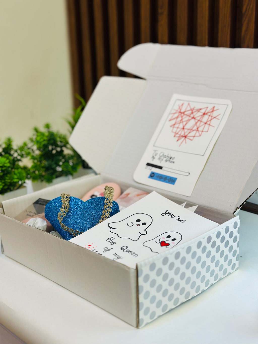 Tu Chahiye Hamper – kraft gift box with kawaii comb, blender, press-on nails, chocolates in cute bag, lip gloss, scrunchie, earrings, clutcher, rubber bands, and handmade notes – perfect girlfriend gift"

