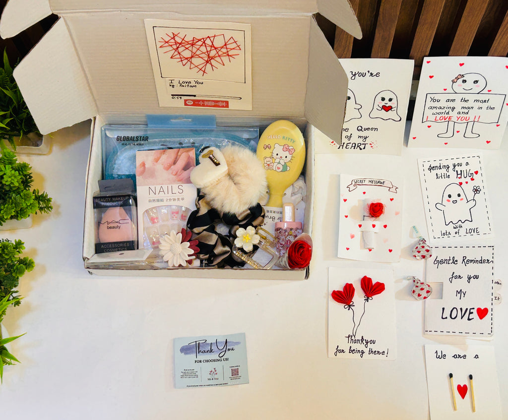 "I Love You Hamper – cute kraft gift box for girlfriend with eye mask, kawaii comb, lip gloss, chocolates, handmade notes, rubber band, earrings, bracelet, scrunchie, blender, nails, clutcher, and flower clip